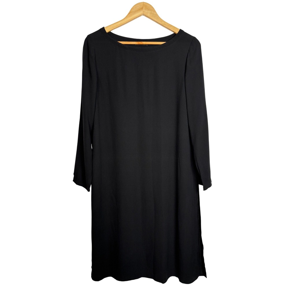 Eileen Fisher Georgette Silk Bateau Neck Shift Tunic Dress Medium Black Minimal